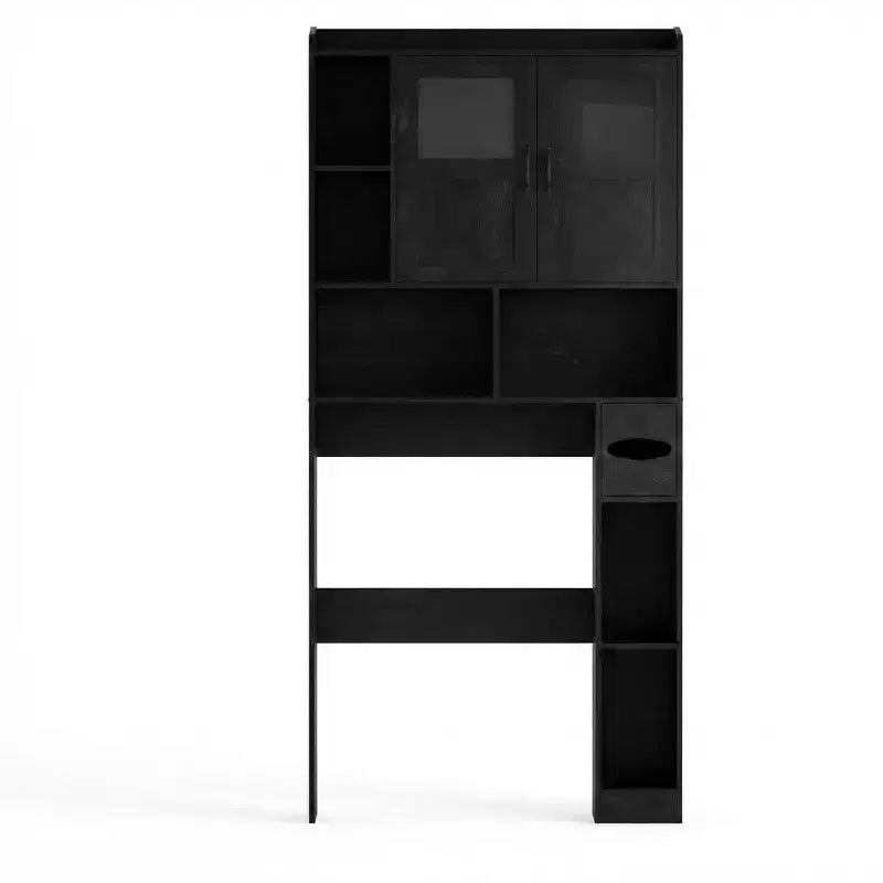Meuble de rangement de salle de bain réglable au-dessus des toilettes, portes en verre et portes coulissantes de grange, rangement au-dessus des toilettes avec kit anti-basculement pour buanderie, salle de bain