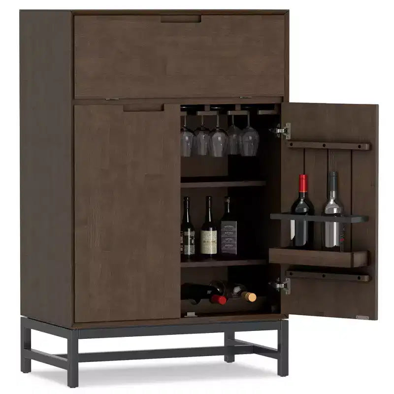 Devlin SOLID HARDWOOD 32 inch Wide Rectangle Modern Industrial Bar Cabinet in Walnut Brown