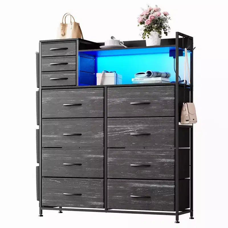 Commode haute en tissu à 11 tiroirs avec plateau en bois et 4 poches latérales – Plusieurs couleurs et motifs pour rangement de chambre
