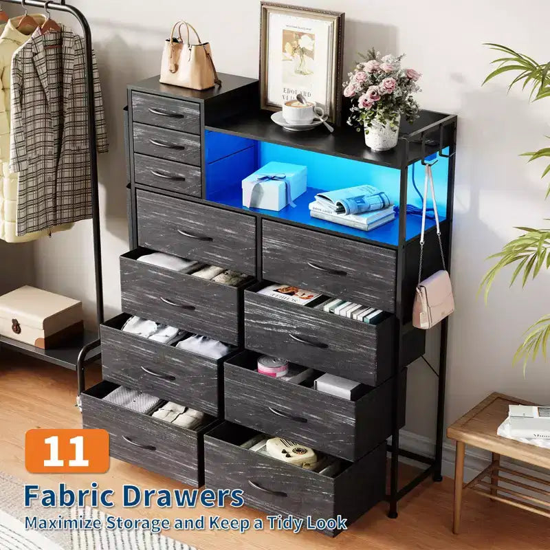 Commode haute en tissu à 11 tiroirs avec plateau en bois et 4 poches latérales – Plusieurs couleurs et motifs pour rangement de chambre