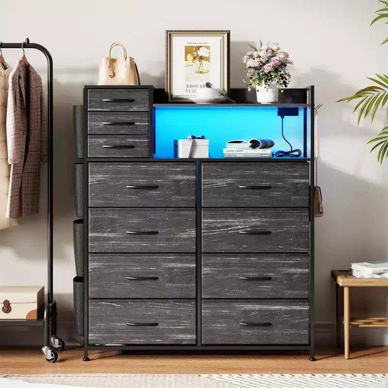 Tall 11-Drawer Fabric Dresser with Wooden Top & 4 Side Pockets  Multiple Colors & Patterns (Tiger Stripe. hard Gray) for Bedroom Storage