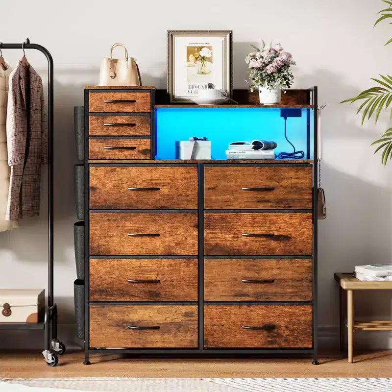 Commode haute en tissu à 11 tiroirs avec plateau en bois et 4 poches latérales – Plusieurs couleurs et motifs pour rangement de chambre