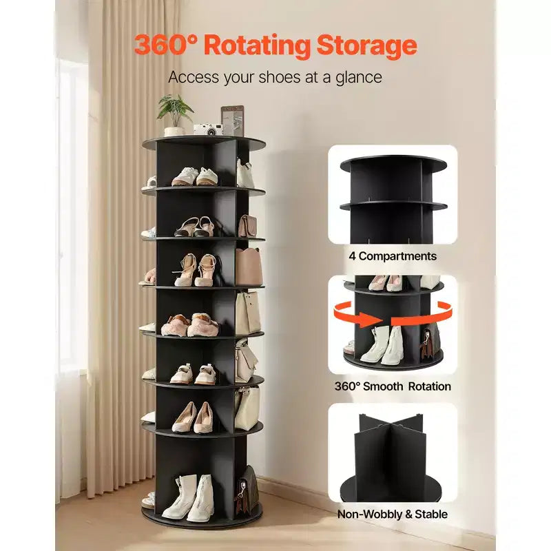 Tour de rangement rotative pour chaussures 7Tiers, présentoir à chaussures pivotant à 360°, présentoir carrousel rond de rangement rotatif, organisateur Lazy Susan autoportant, Noir