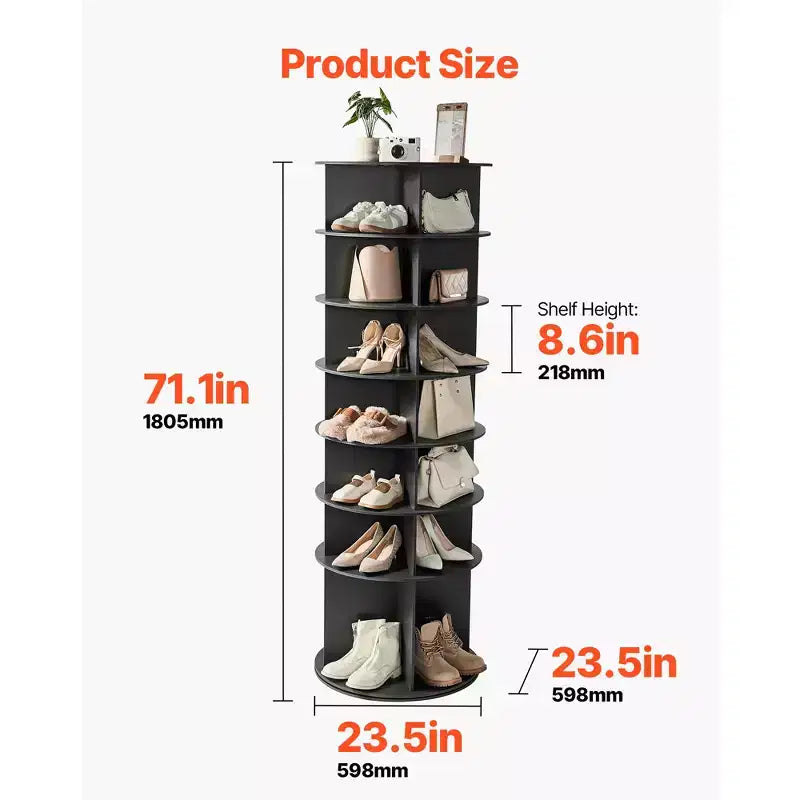 Tour de rangement rotative pour chaussures 7Tiers, présentoir à chaussures pivotant à 360°, présentoir carrousel rond de rangement rotatif, organisateur Lazy Susan autoportant, Noir