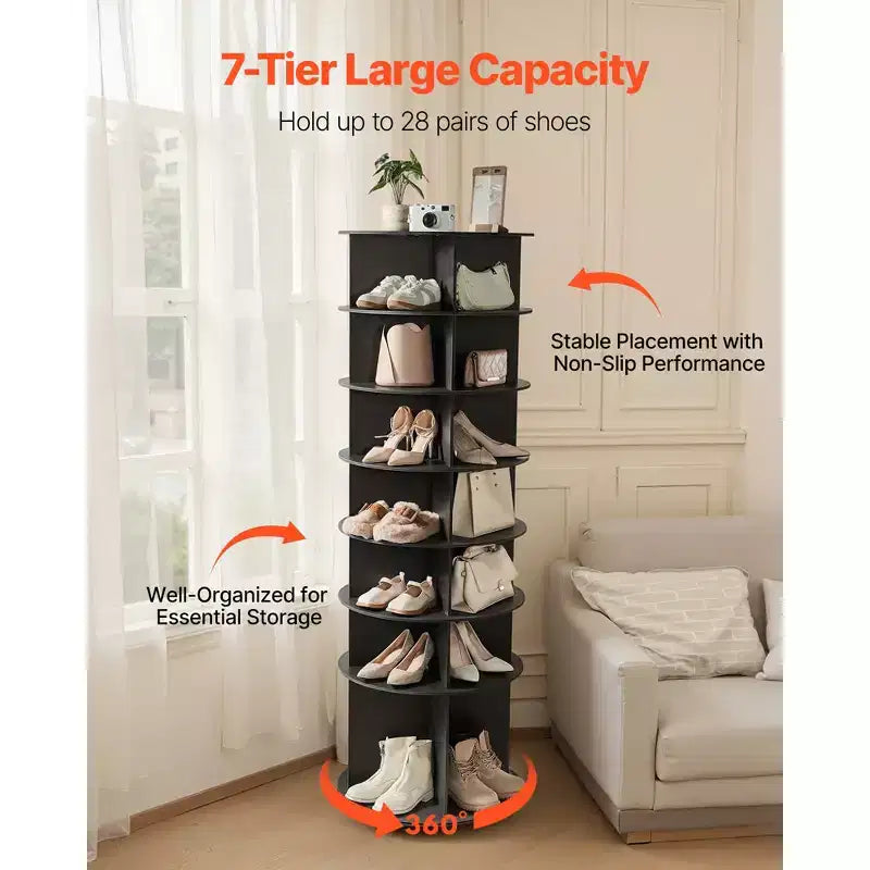 Tour de rangement rotative pour chaussures 7Tiers, présentoir à chaussures pivotant à 360°, présentoir carrousel rond de rangement rotatif, organisateur Lazy Susan autoportant, Noir