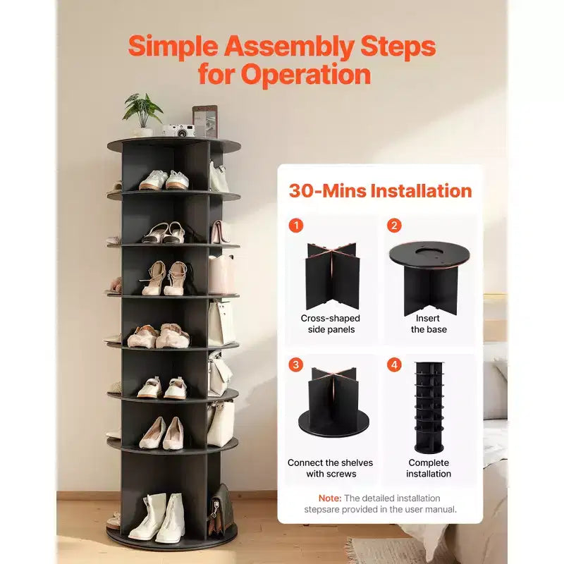 Tour de rangement rotative pour chaussures 7Tiers, présentoir à chaussures pivotant à 360°, présentoir carrousel rond de rangement rotatif, organisateur Lazy Susan autoportant, Noir