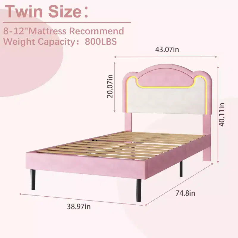 Cadre de lit rembourré à LED, lit plateforme princesse double avec tête de lit en tissu et lattes en bois, aucun sommier tapissier requis en rose et blanc