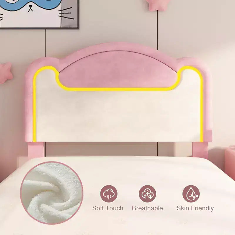 Cadre de lit rembourré à LED, lit plateforme princesse double avec tête de lit en tissu et lattes en bois, aucun sommier tapissier requis en rose et blanc