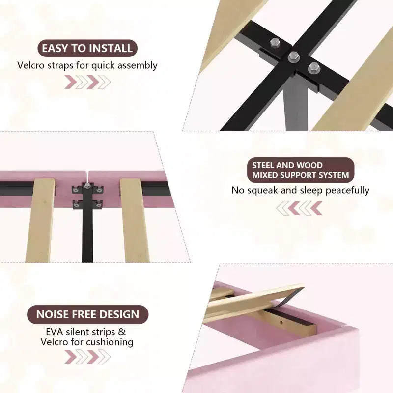 Cadre de lit rembourré à LED, lit plateforme princesse double avec tête de lit en tissu et lattes en bois, aucun sommier tapissier requis en rose et blanc