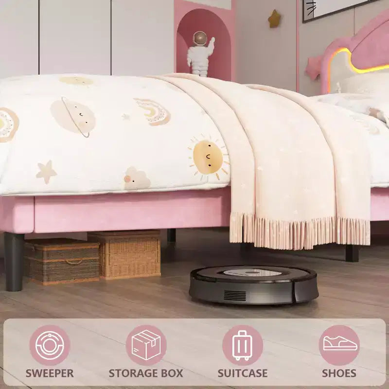 Cadre de lit rembourré à LED, lit plateforme princesse double avec tête de lit en tissu et lattes en bois, aucun sommier tapissier requis en rose et blanc