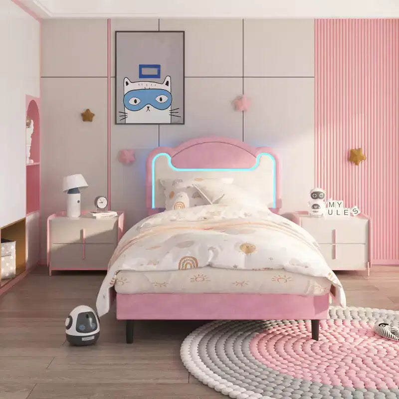 Cadre de lit rembourré à LED, lit plateforme princesse double avec tête de lit en tissu et lattes en bois, aucun sommier tapissier requis en rose et blanc