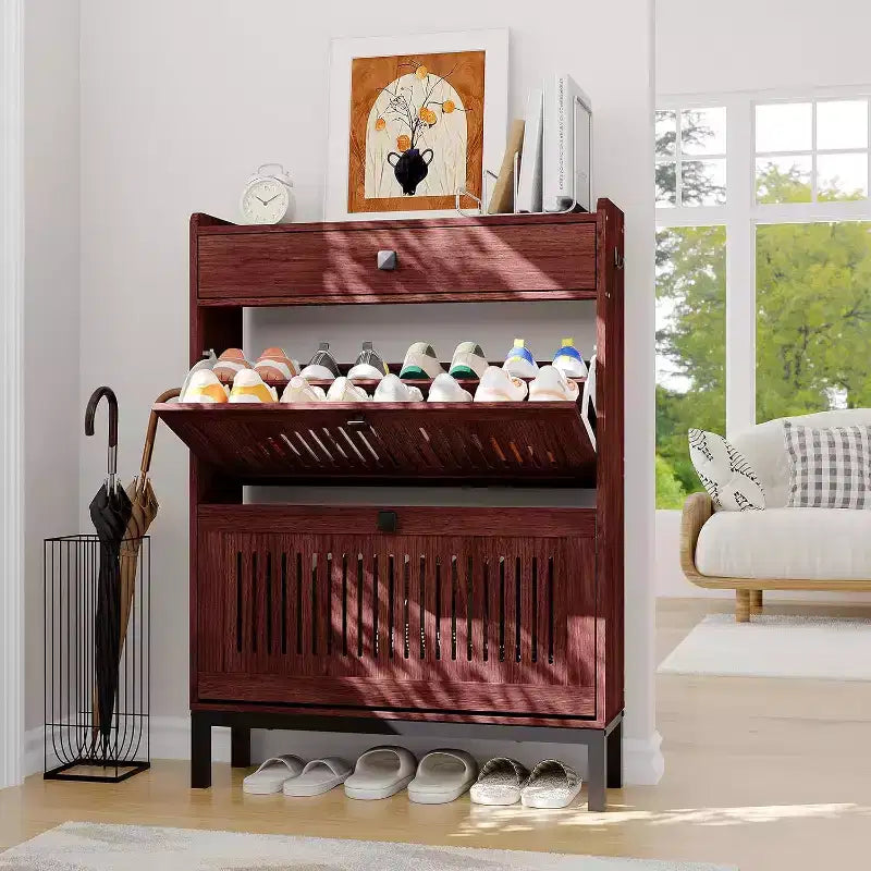 2-Door Flip Front Shoe Cabinet with Adjustable Shelves, Hidden Entryway Storage Organizer for Hallway, Living Room  Freestanding Wooden Shoe Rack