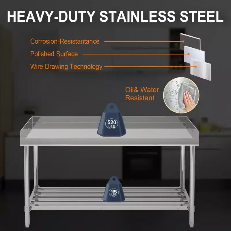 Table de travail en acier inoxydable 24x48 avec dosseret, table de préparation alimentaire commerciale robuste avec étagère inférieure réglable