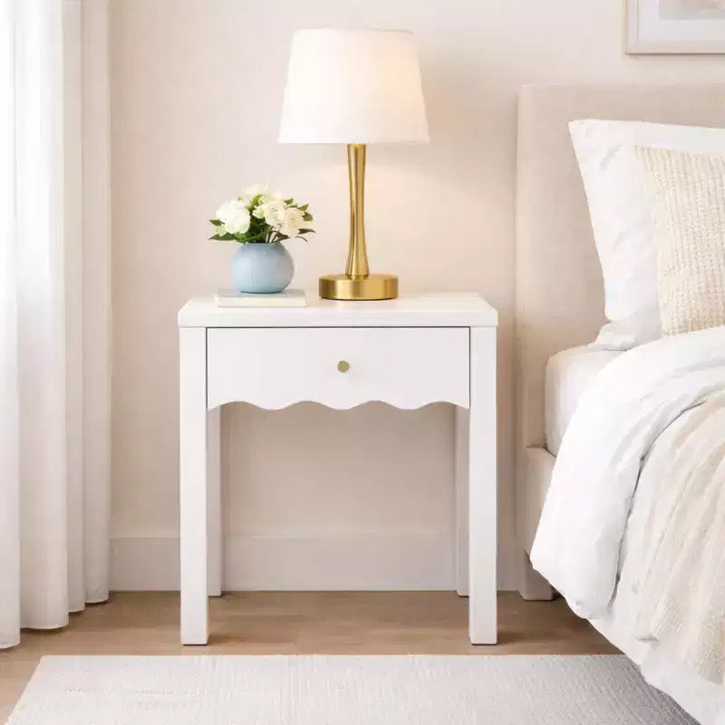 White Nightstand End Table Playful Bed Beside Table Storage Sofa Side Table with Drawer & Wavy Apron - ModernLuxe