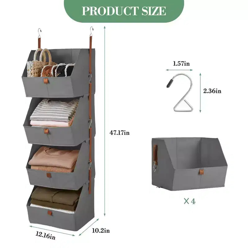 Organisateur de placard suspendu à 4 niveaux, Tissu non tissé, Conception modulaire détachable avec crochets, pour Armoire Dortoir Camping-car, Organisateur de maison peu encombrant