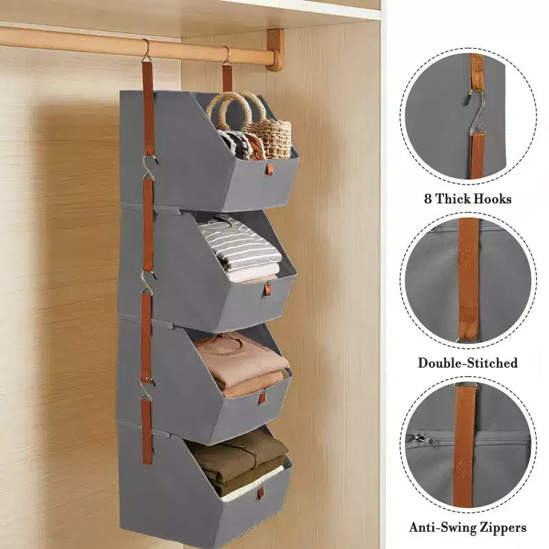 Organisateur de placard suspendu à 4 niveaux, Tissu non tissé, Conception modulaire détachable avec crochets, pour Armoire Dortoir Camping-car, Organisateur de maison peu encombrant