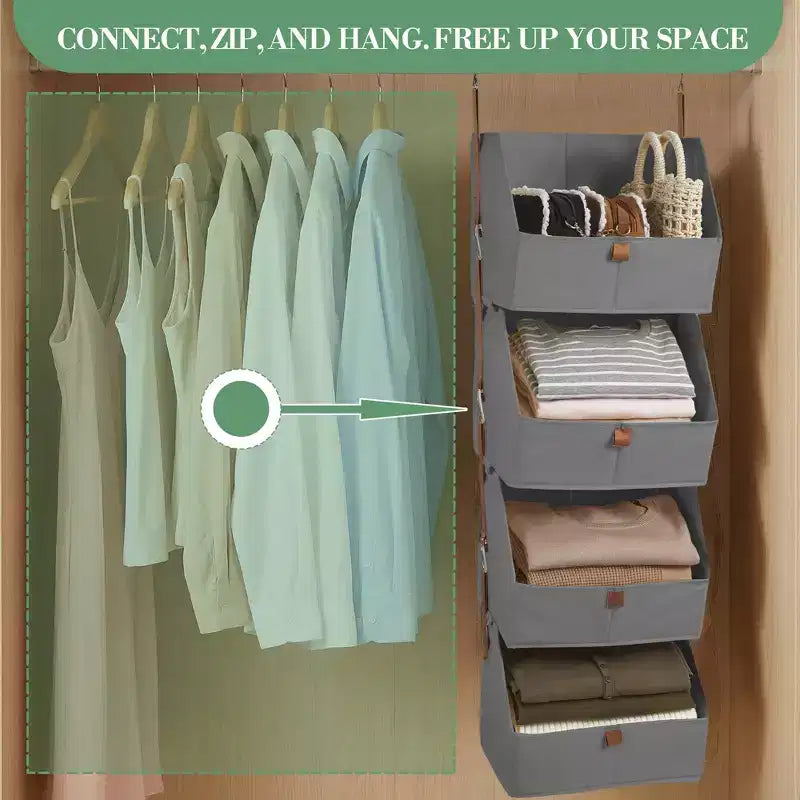 Organisateur de placard suspendu à 4 niveaux, Tissu non tissé, Conception modulaire détachable avec crochets, pour Armoire Dortoir Camping-car, Organisateur de maison peu encombrant