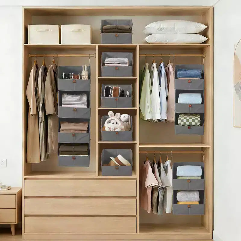 Organisateur de placard suspendu à 4 niveaux, Tissu non tissé, Conception modulaire détachable avec crochets, pour Armoire Dortoir Camping-car, Organisateur de maison peu encombrant