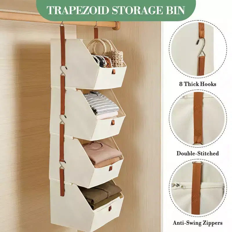 Organisateur de placard suspendu à 4 niveaux, Tissu non tissé, Conception modulaire détachable avec crochets, pour Armoire Dortoir Camping-car, Organisateur de maison peu encombrant