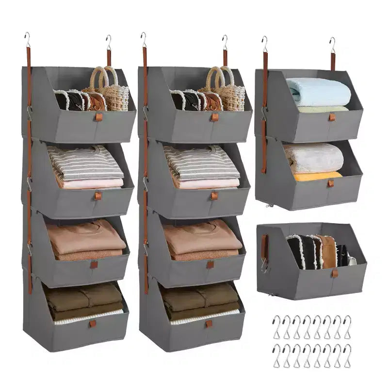 Organisateur de placard suspendu à 4 niveaux, Tissu non tissé, Conception modulaire détachable avec crochets, pour Armoire Dortoir Camping-car, Organisateur de maison peu encombrant
