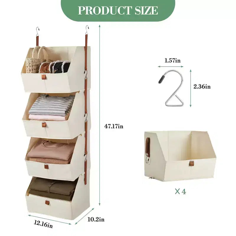 Organisateur de placard suspendu à 4 niveaux, Tissu non tissé, Conception modulaire détachable avec crochets, pour Armoire Dortoir Camping-car, Organisateur de maison peu encombrant