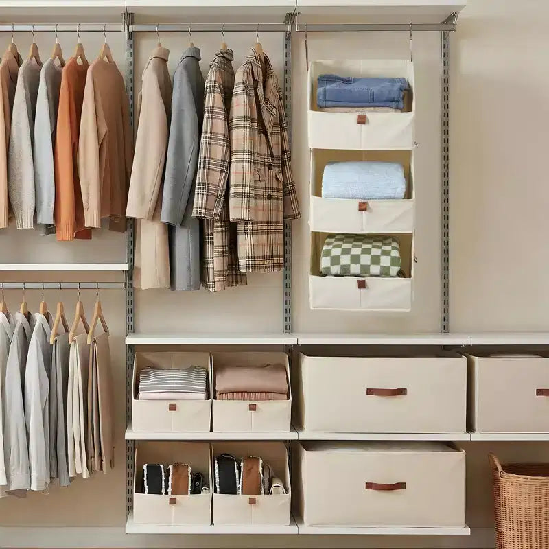 Organisateur de placard suspendu à 4 niveaux, Tissu non tissé, Conception modulaire détachable avec crochets, pour Armoire Dortoir Camping-car, Organisateur de maison peu encombrant