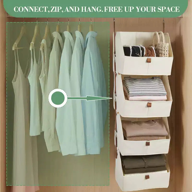Organisateur de placard suspendu à 4 niveaux, Tissu non tissé, Conception modulaire détachable avec crochets, pour Armoire Dortoir Camping-car, Organisateur de maison peu encombrant