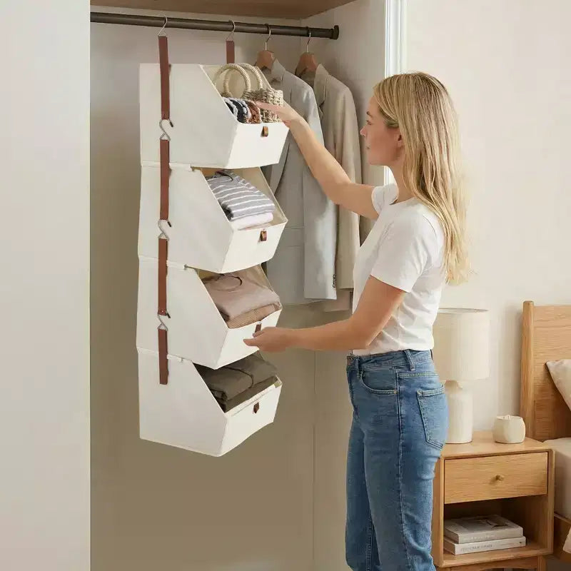 Organisateur de placard suspendu à 4 niveaux, Tissu non tissé, Conception modulaire détachable avec crochets, pour Armoire Dortoir Camping-car, Organisateur de maison peu encombrant