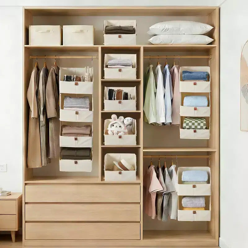 Organisateur de placard suspendu à 4 niveaux, Tissu non tissé, Conception modulaire détachable avec crochets, pour Armoire Dortoir Camping-car, Organisateur de maison peu encombrant