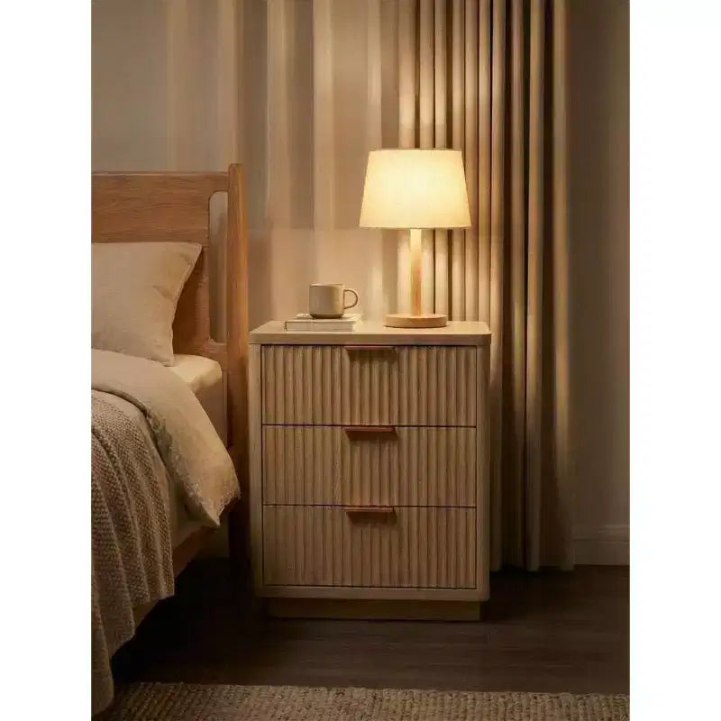 Light Wood Bedside Nightstand with 3 Drawers & Convenient Charging Station for Bedroom