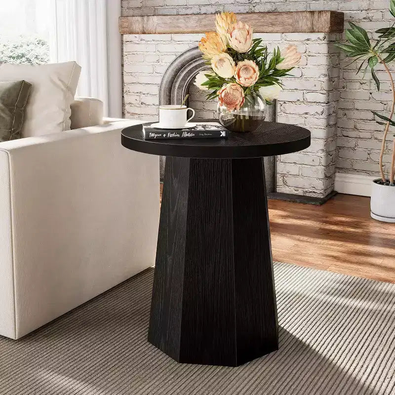 Lantine Round Pedestal End Table, Farmhouse Couch Side Table with Octagonal Base, Wooden Drink Stand Accent Nightstand(1, Black)