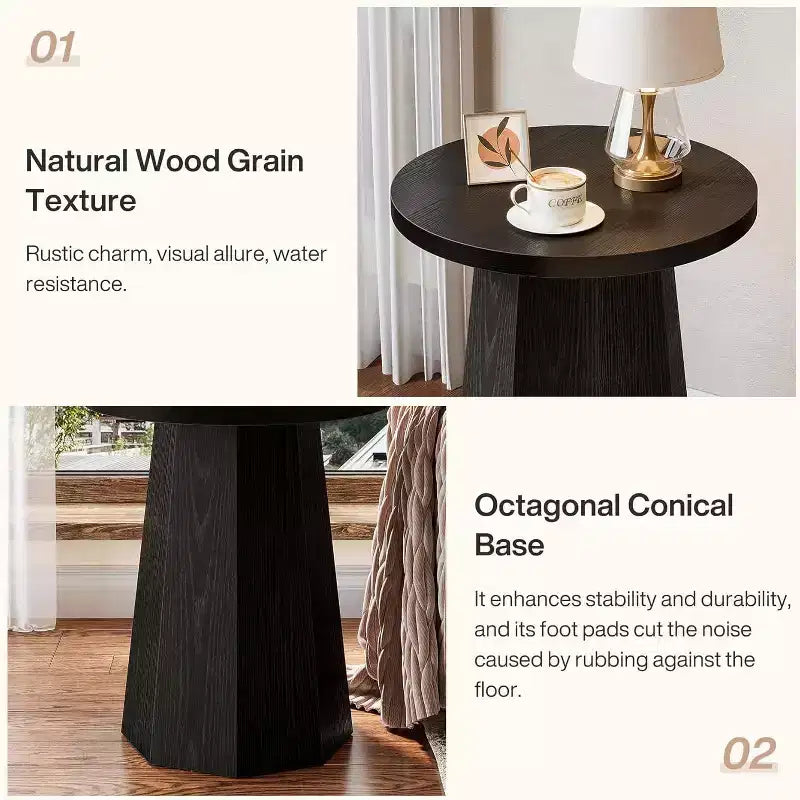 Table d'appoint ronde sur pied, table de chevet de style ferme avec base octogonale, table de nuit d'appoint en bois (1, noir)