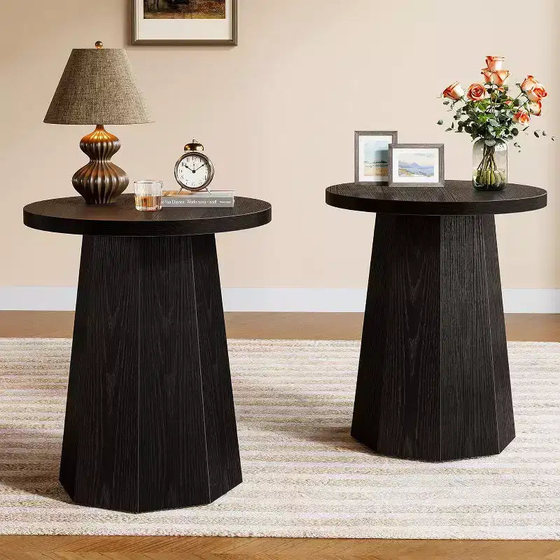 Table d'appoint ronde sur pied, table de chevet de style ferme avec base octogonale, table de nuit d'appoint en bois (1, noir)