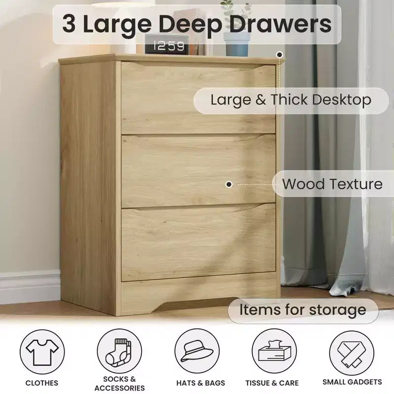 Commode en bois à 3 tiroirs, armoire de rangement moderne et haute avec tiroirs profonds, commode large pour chambre à coucher, salon, couloir et chambre d'enfant