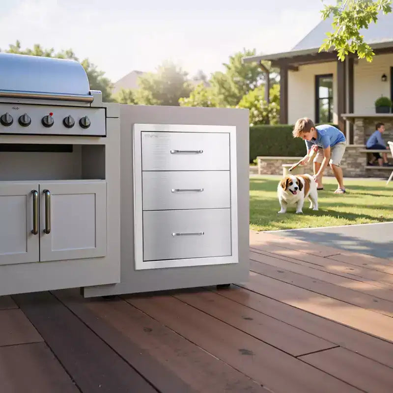 Tiroirs de Cuisine Extérieure 18,11 L x 23,23 P x 23,23 H, Meuble Tiroir Modulaire en Acier Inoxydable à Triple Accès avec Poignées, Argent