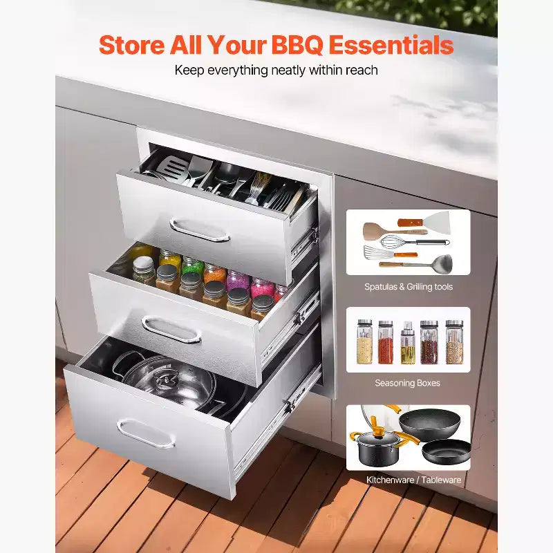 Tiroirs de Cuisine Extérieure 18,11 L x 23,23 P x 23,23 H, Meuble Tiroir Modulaire en Acier Inoxydable à Triple Accès avec Poignées, Argent