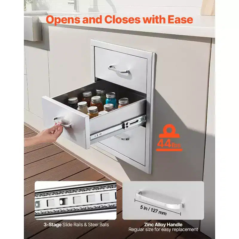 Tiroirs de Cuisine Extérieure 18,11 L x 23,23 P x 23,23 H, Meuble Tiroir Modulaire en Acier Inoxydable à Triple Accès avec Poignées, Argent
