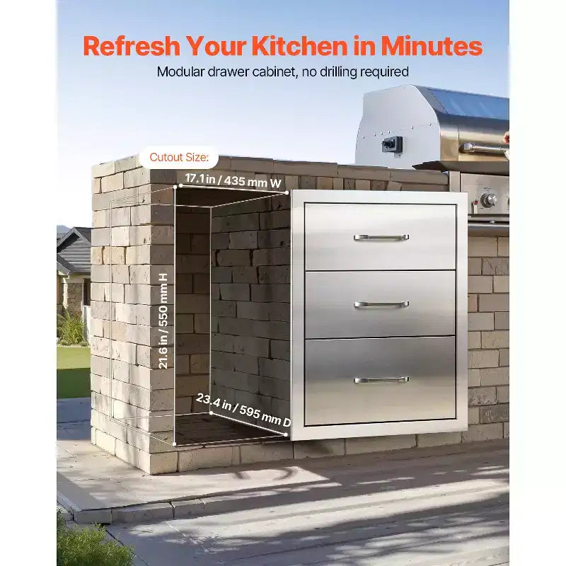 Tiroirs de Cuisine Extérieure 18,11 L x 23,23 P x 23,23 H, Meuble Tiroir Modulaire en Acier Inoxydable à Triple Accès avec Poignées, Argent