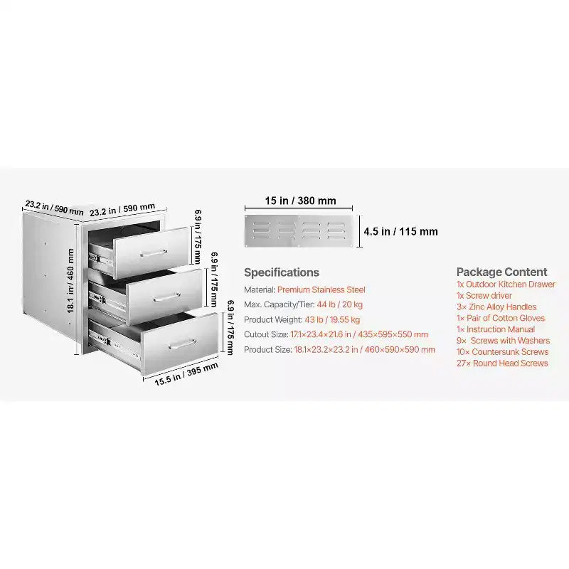 Tiroirs de Cuisine Extérieure 18,11 L x 23,23 P x 23,23 H, Meuble Tiroir Modulaire en Acier Inoxydable à Triple Accès avec Poignées, Argent