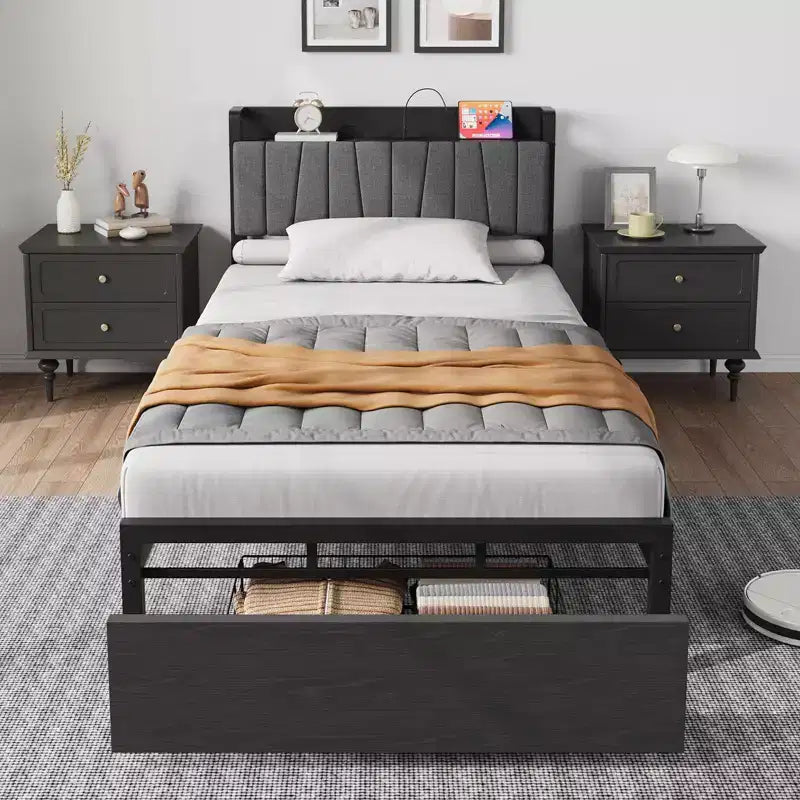 Twin Size Bed Frame with Storage Headboard, Black Industrial Platform Bed with Large Drawer & Charging Station, No Box Spring Needed