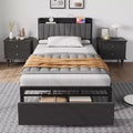 Twin Size Bed Frame with Storage Headboard, Black Industrial Platform Bed with Large Drawer & Charging Station, No Box Spring Needed