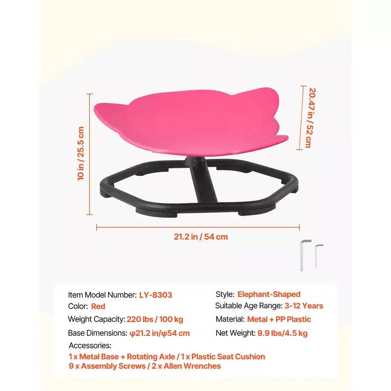 Chaise pivotante pour enfants, capacité de 100 kg, chaise tournante sensorielle en forme d'éléphant avec base métallique antidérapante, siège tournant pour tout-petit, rouge