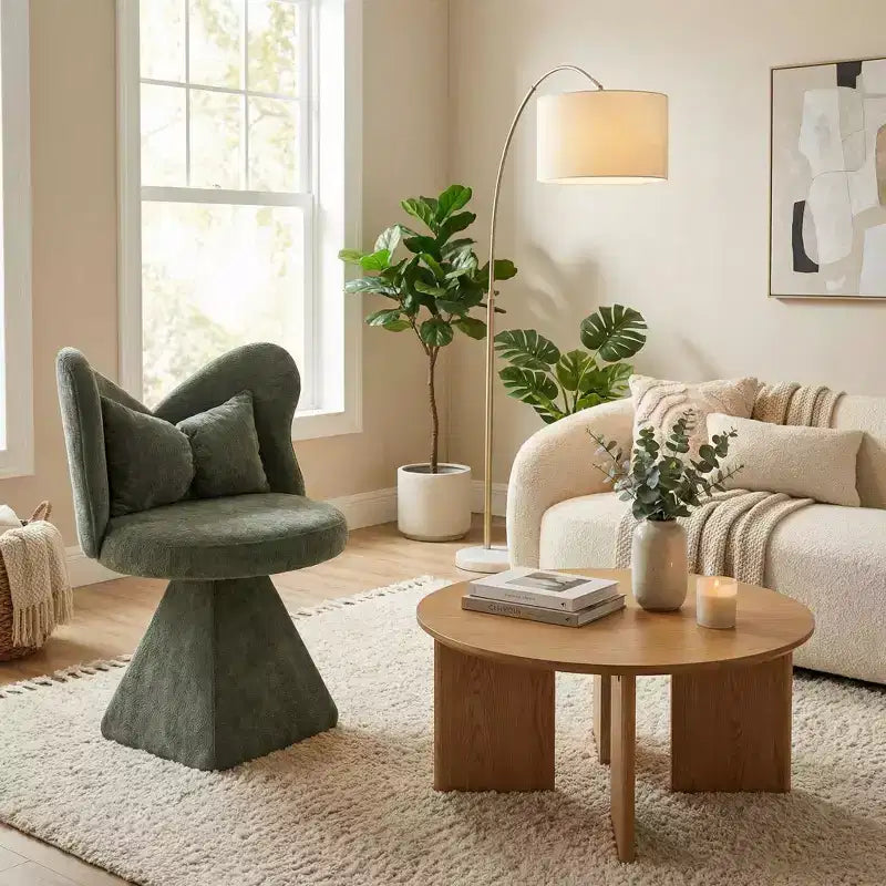 FurnitureR Upholstered Swivel Accent Chair with Pillow, Sculptural Vanity Chair with Curved Back for Bedroom, Living Room or Makeup Area