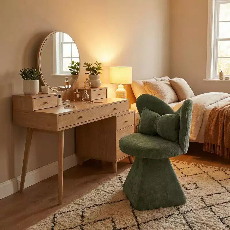 Fauteuil pivotant rembourré avec oreiller, fauteuil de coiffeuse sculptural avec dossier incurvé pour chambre à coucher, salon ou coin maquillage