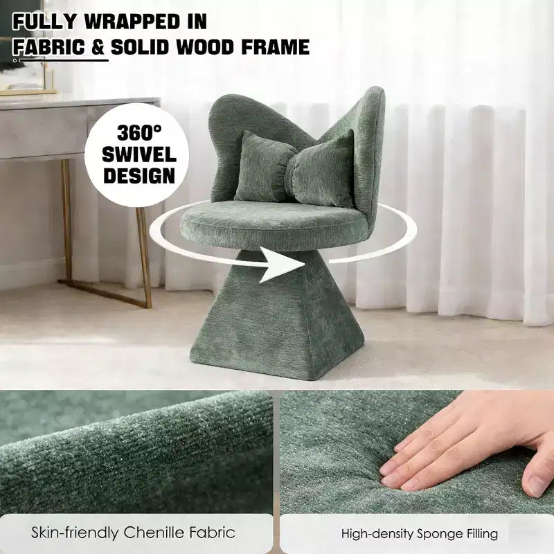 Fauteuil pivotant rembourré avec oreiller, fauteuil de coiffeuse sculptural avec dossier incurvé pour chambre à coucher, salon ou coin maquillage