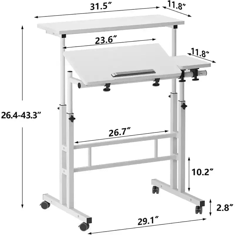 Bureau debout réglable en hauteur avec roulettes, table d'ordinateur portable mobile assis-debout avec plateau inclinable