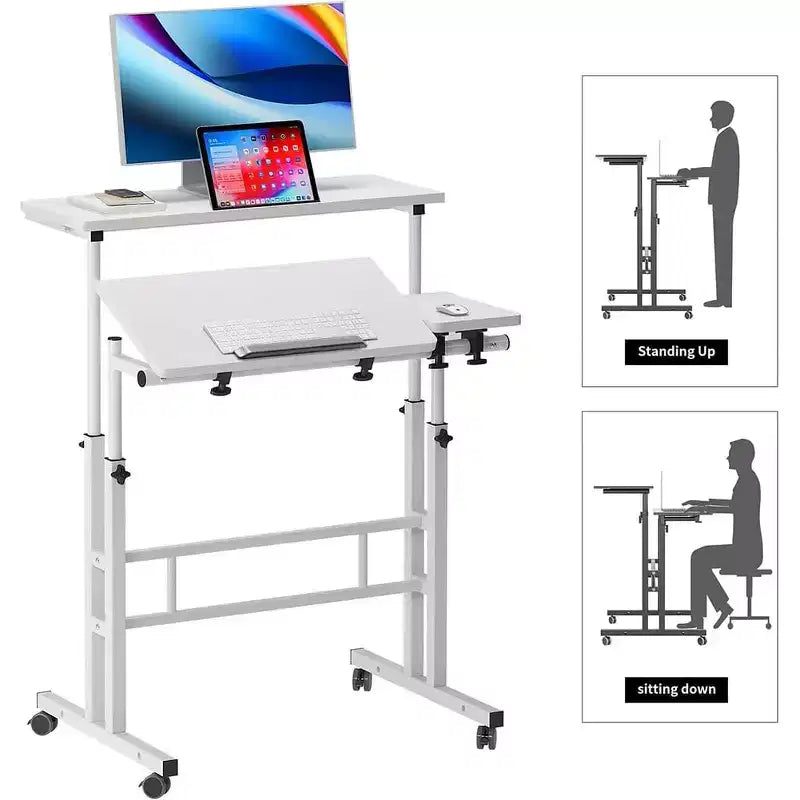 Bureau debout réglable en hauteur avec roulettes, table d'ordinateur portable mobile assis-debout avec plateau inclinable
