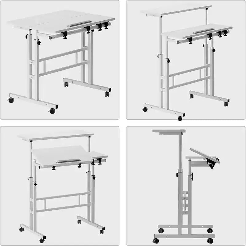 Bureau debout réglable en hauteur avec roulettes, table d'ordinateur portable mobile assis-debout avec plateau inclinable