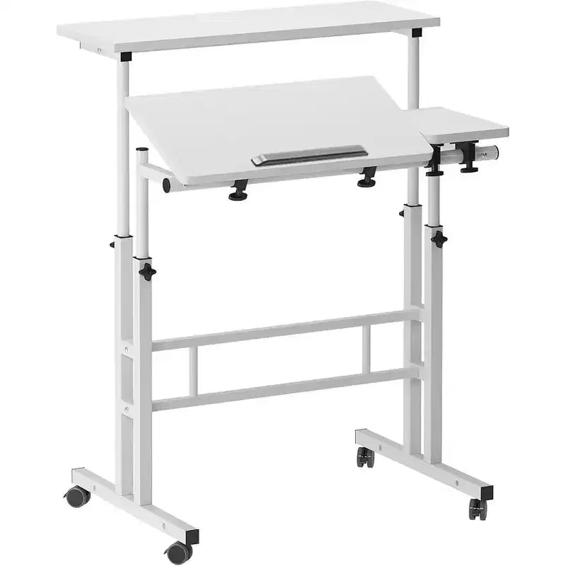 Bureau debout réglable en hauteur avec roulettes, table d'ordinateur portable mobile assis-debout avec plateau inclinable