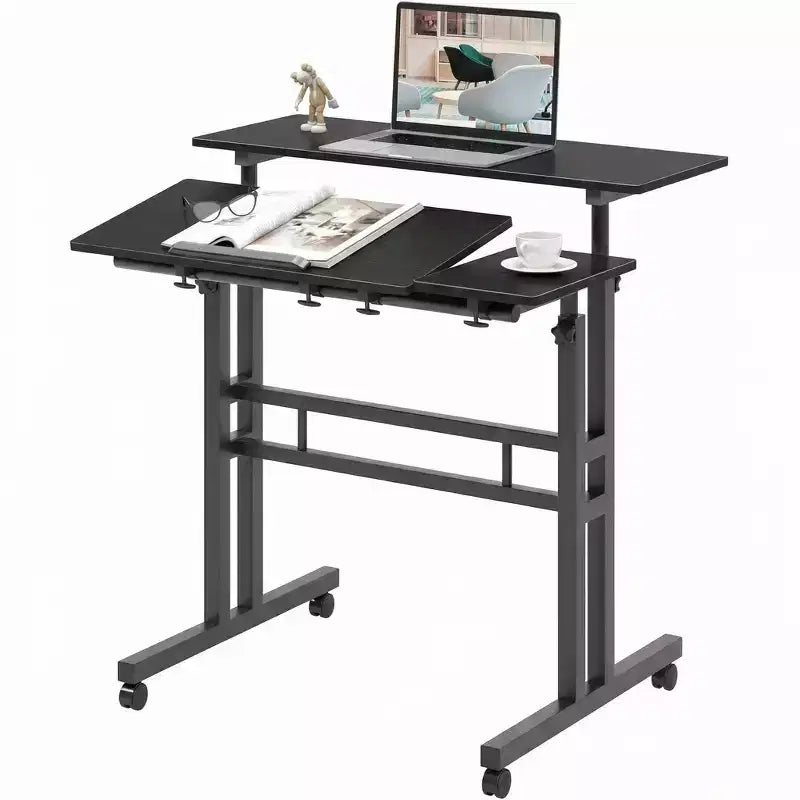 Bureau debout réglable en hauteur avec roulettes, table d'ordinateur portable mobile assis-debout avec plateau inclinable
